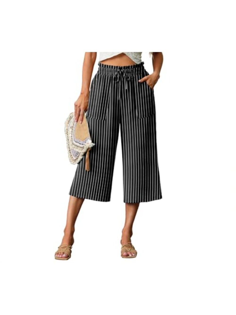 Women's High Waisted Wide Leg Capri Pants Adjustable Tie Knot with Pockets